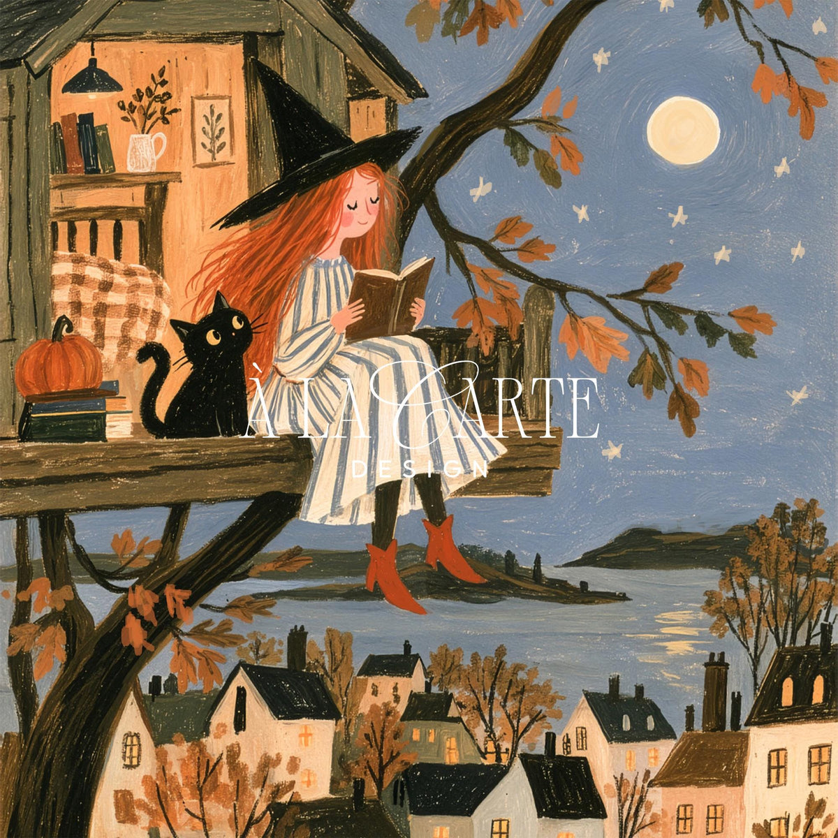 Witch and cat picture wall art for living room — folk-art style autumn night scene with glowing moon and starry sky