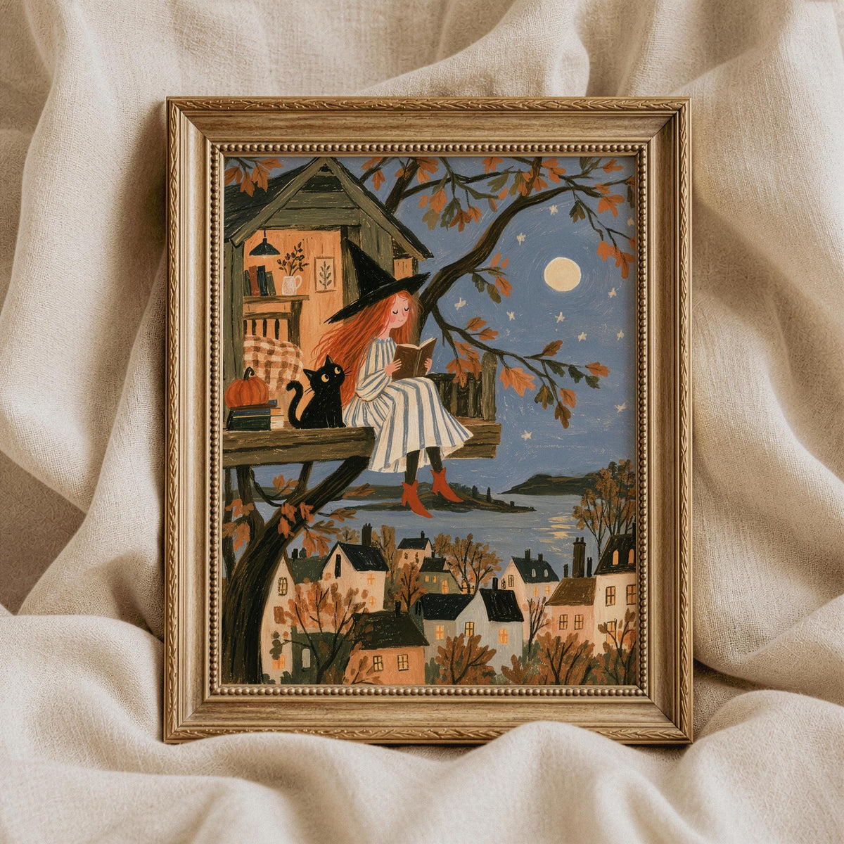 Cozy-spooky illustration instant download — girl with book perched among autumn leaves under luminous moon and stars