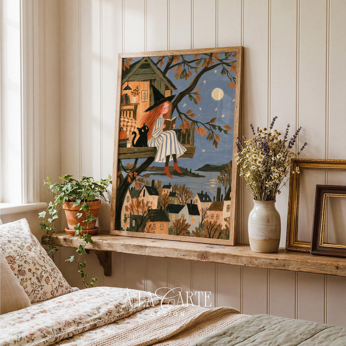 Witch's treehouse artwork instant download — cozy nighttime scene with pumpkins, full moon, and distant moonlit bay