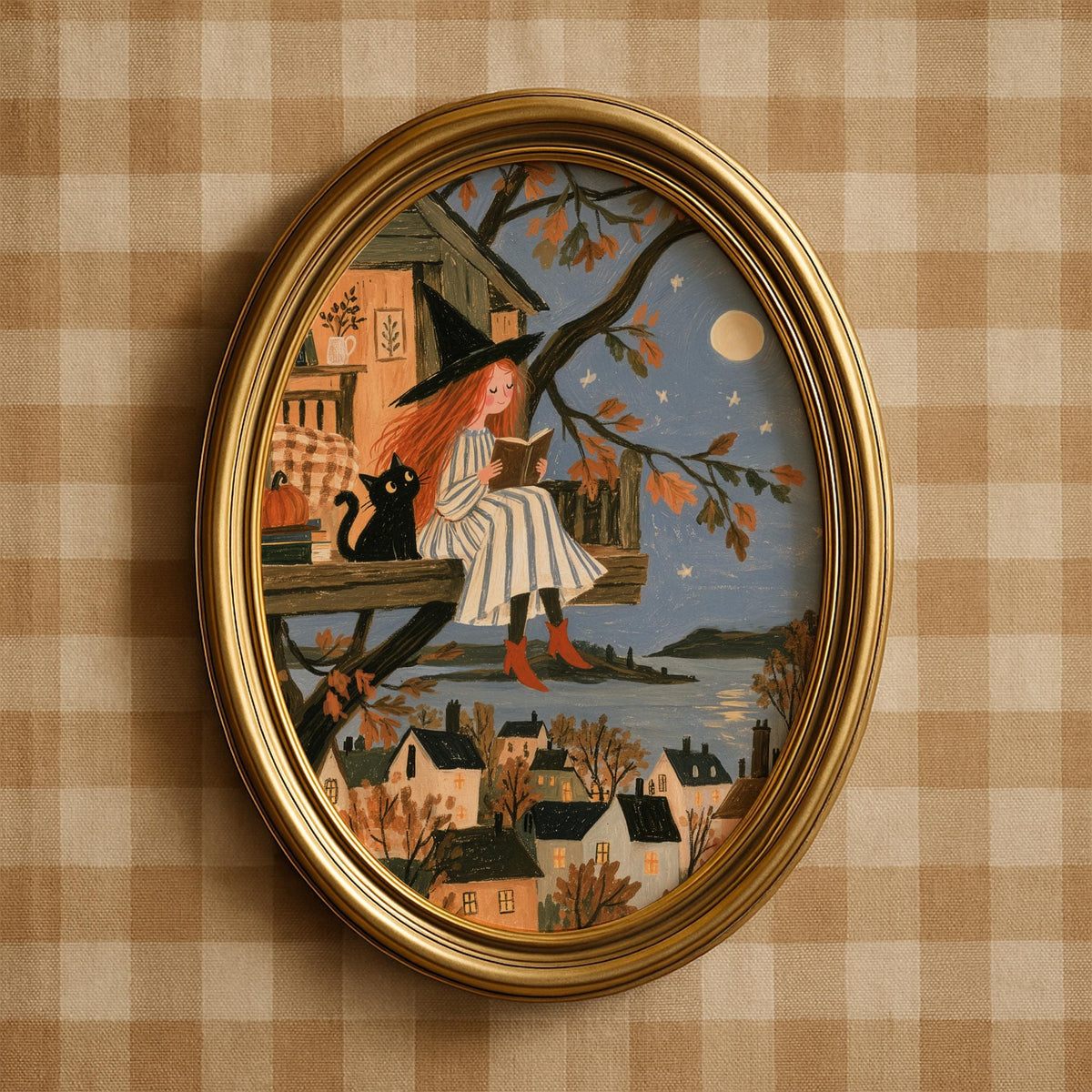 Autumn witch digital wall art for office — warm-toned folk illustration with textured brushstrokes and gentle Halloween charm