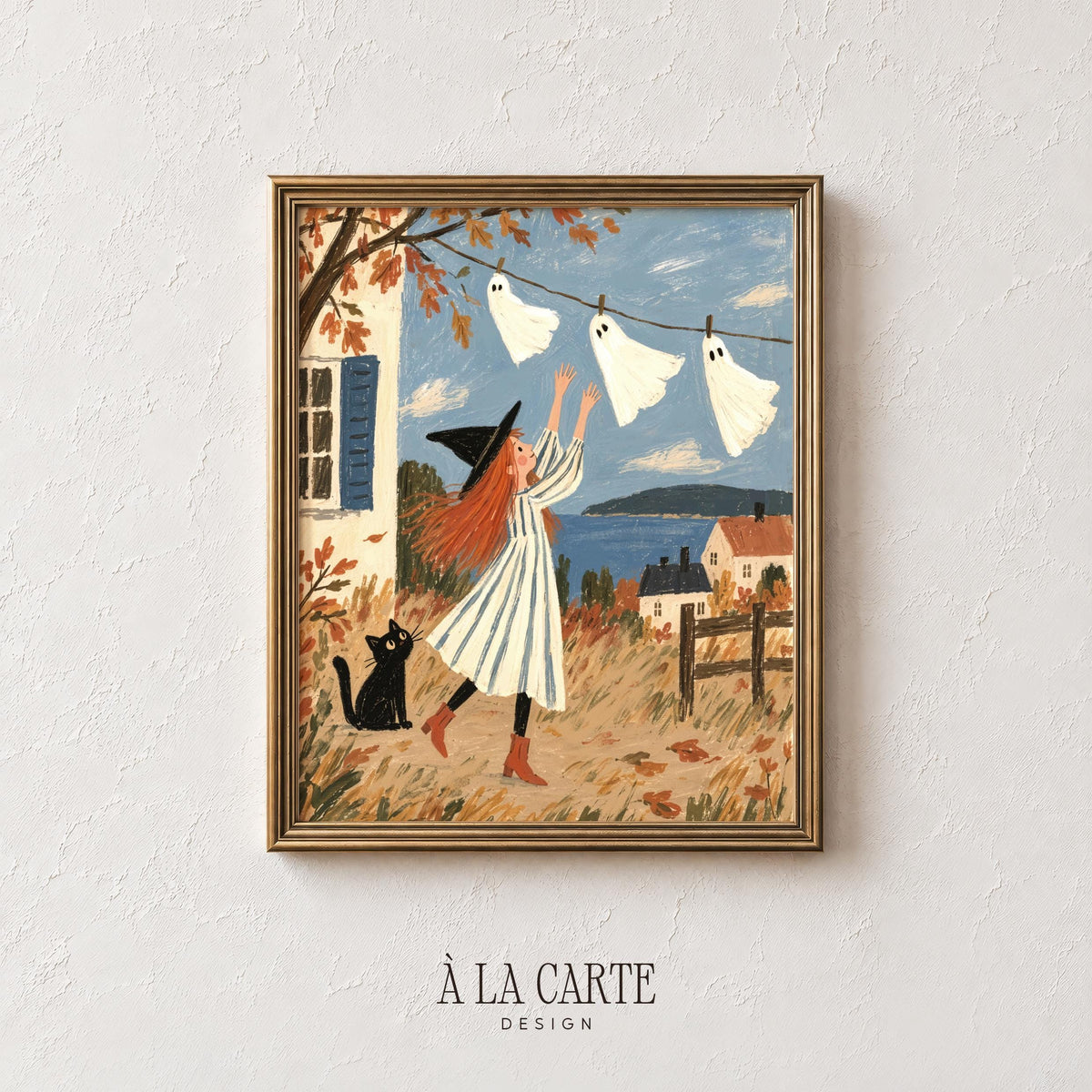 Witch girl decorating clothesline wall print for living room — vintage-inspired Halloween painting with warm textured brushstrokes