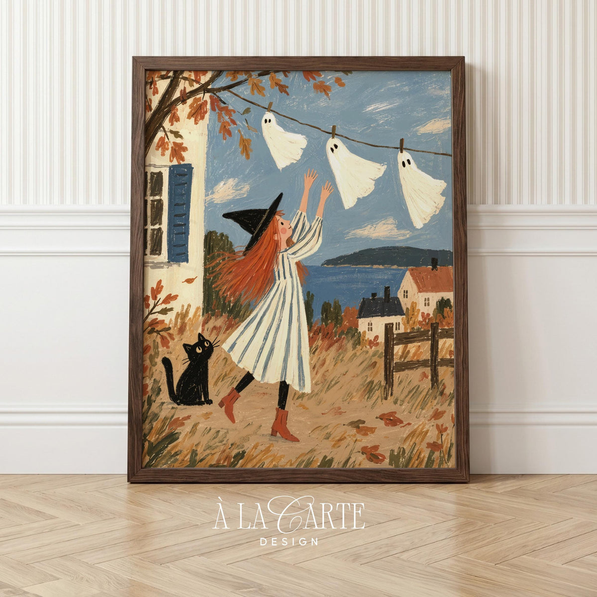 Charming seaside autumn illustration wall decor showing striped-dress witch — family-friendly printable art with cottagecore aesthetic