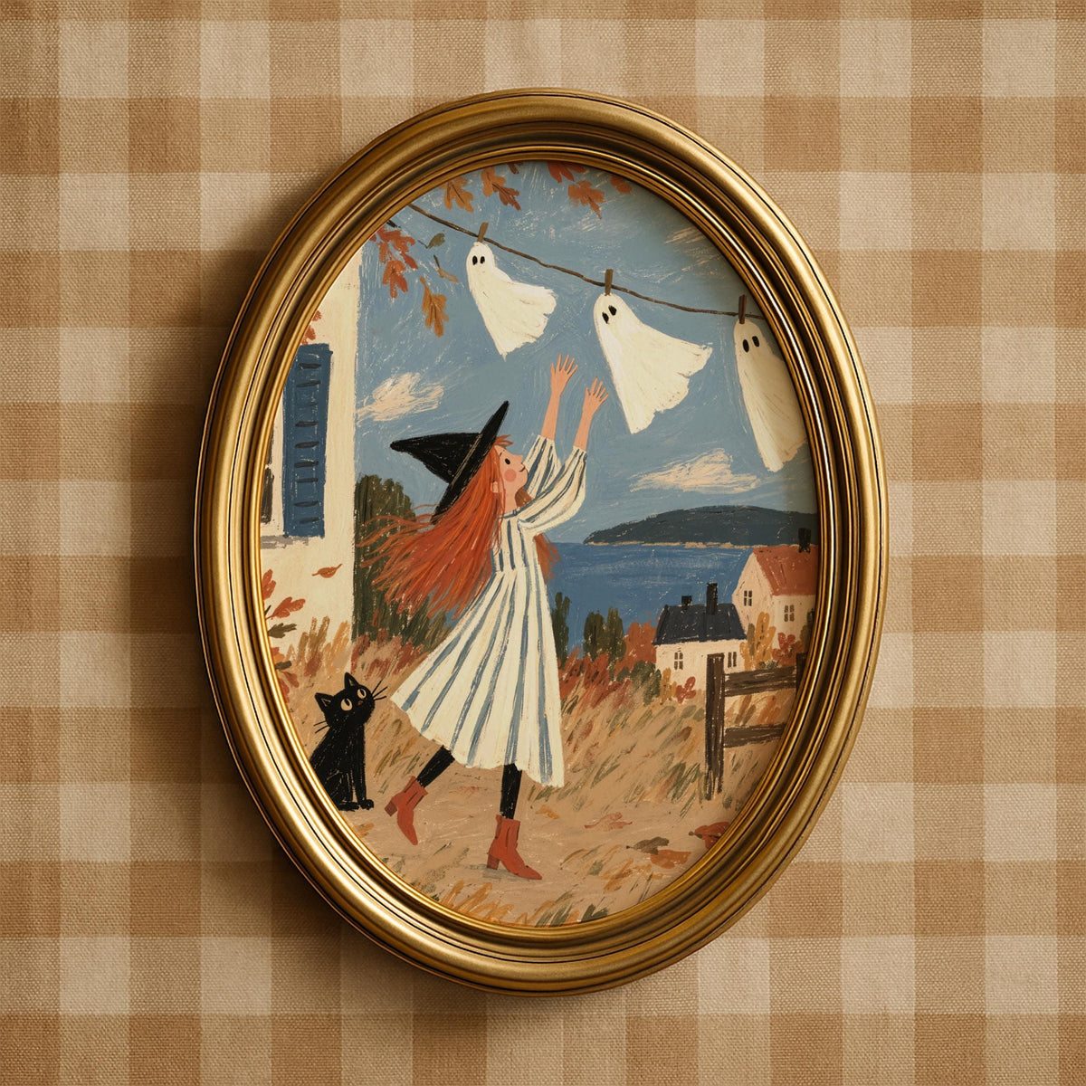 Festive autumn witch digital print for family room — whimsical seaside village scene with ghost garland and orange leaf accents