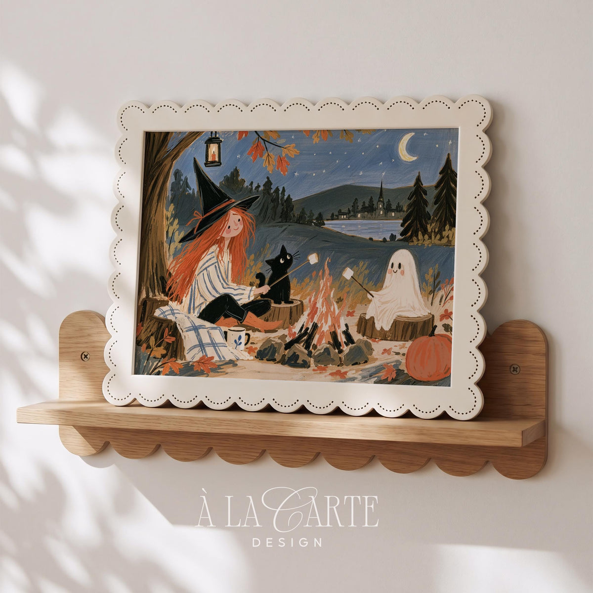 Festive fall digital print for den — charming lakeside scene featuring witch character, companion animals, and glowing campfire with folk-art charm