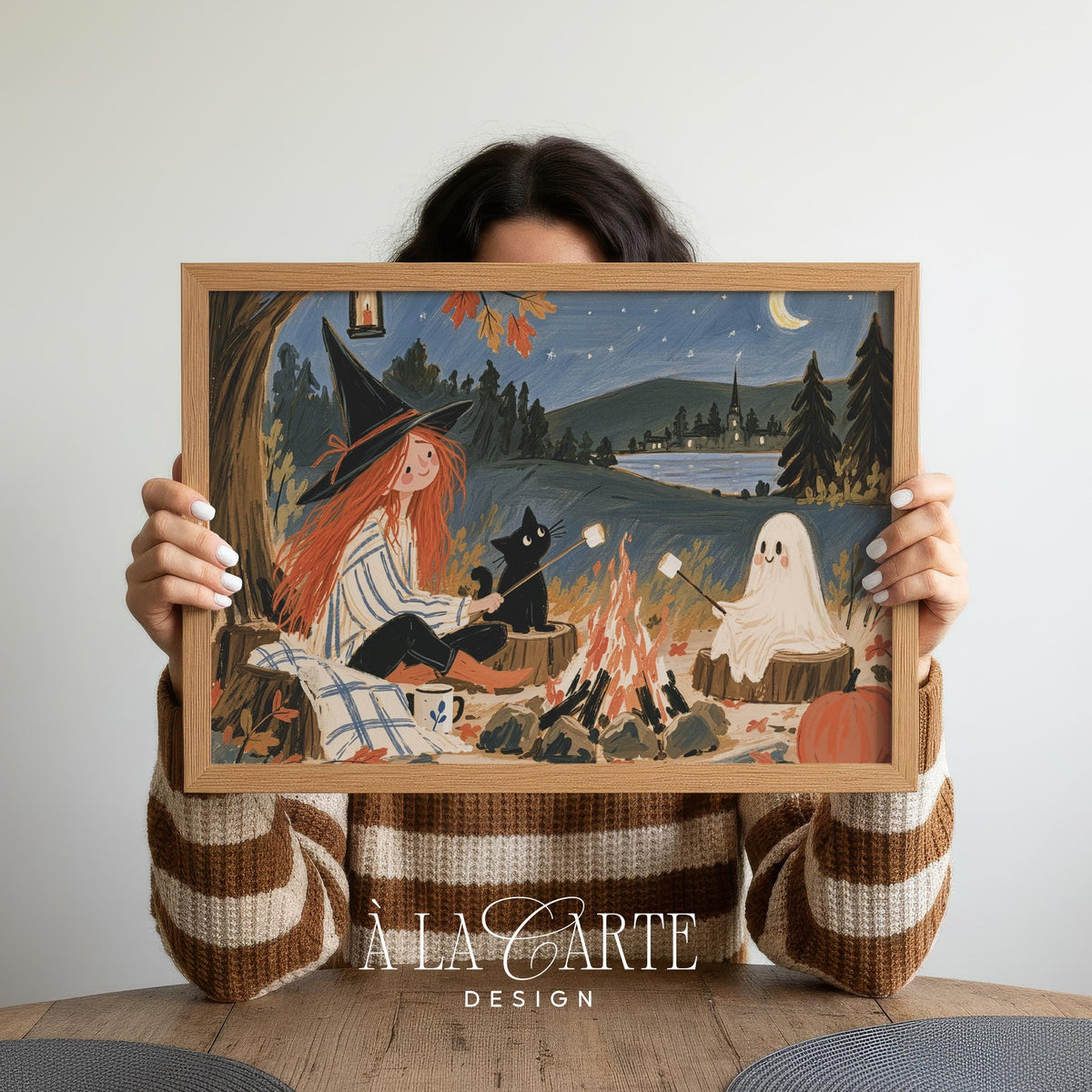 Spooky-cute campfire art instant download for kids' room — lakeside Halloween adventure with friendly ghost and feline friend