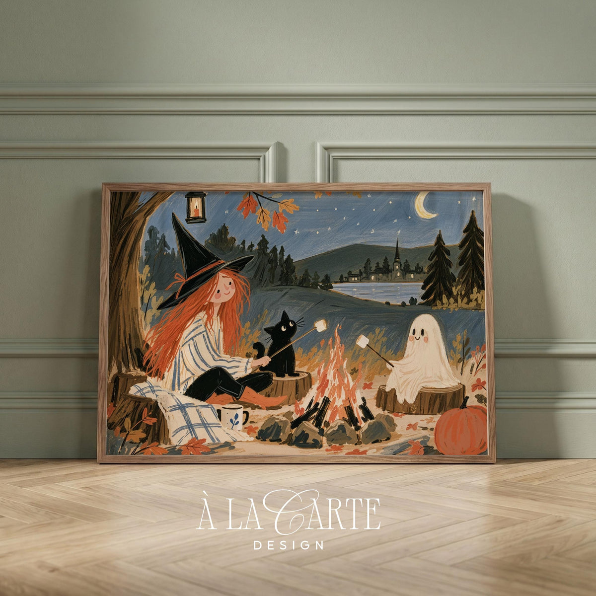 Cozy campfire scene wall art for kitchen — folk-art style painting with red-haired character, pumpkin, and muted fall palette