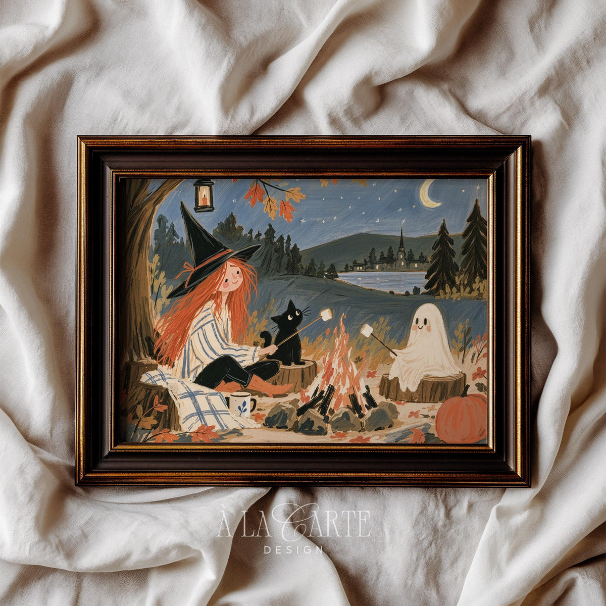 Red-haired witch roasting marshmallows printable art for cabin — cozy Halloween campfire scene with ghost and black cat