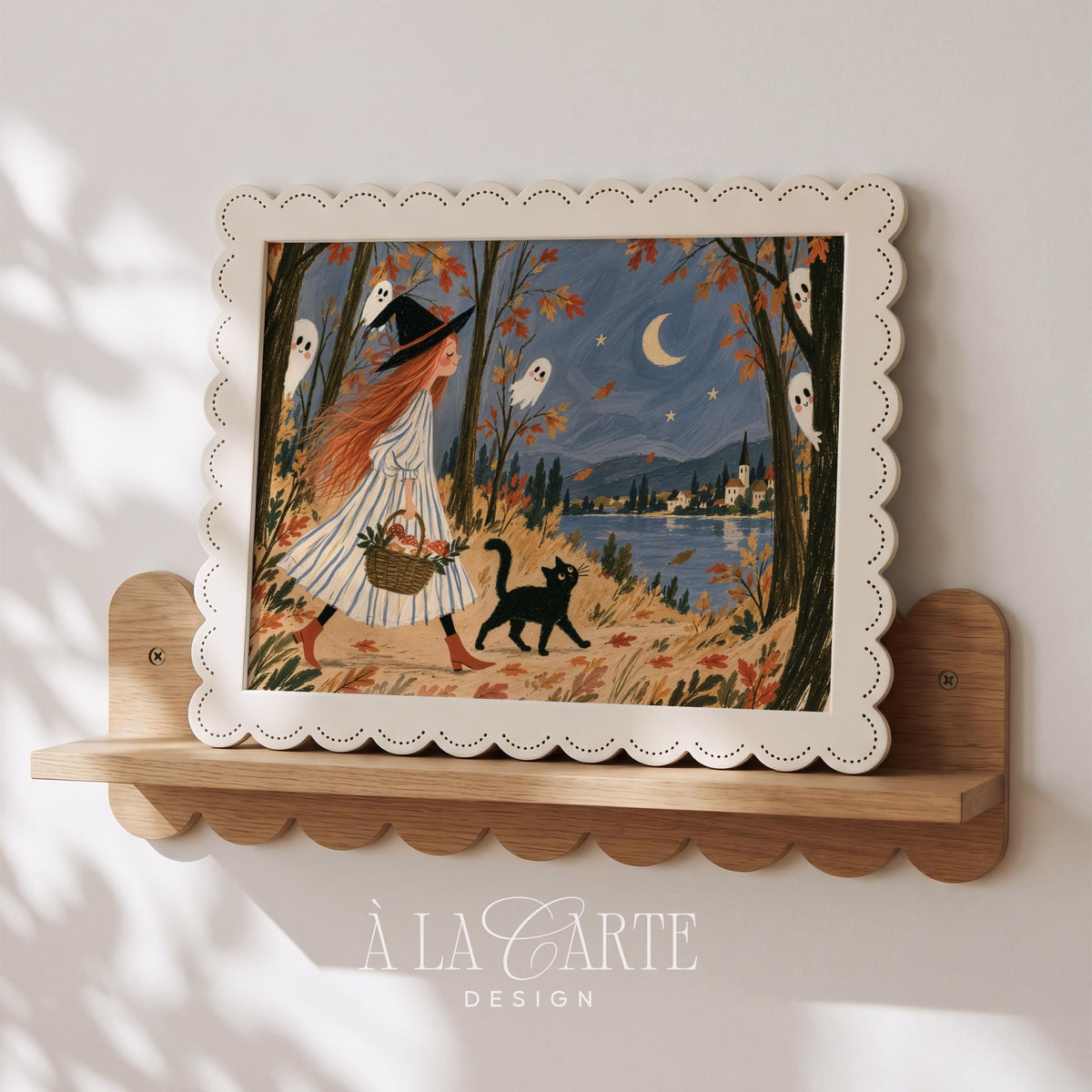 Enchanted forest witch wall art featuring autumn leaves, lakeside village, and playful Halloween charm