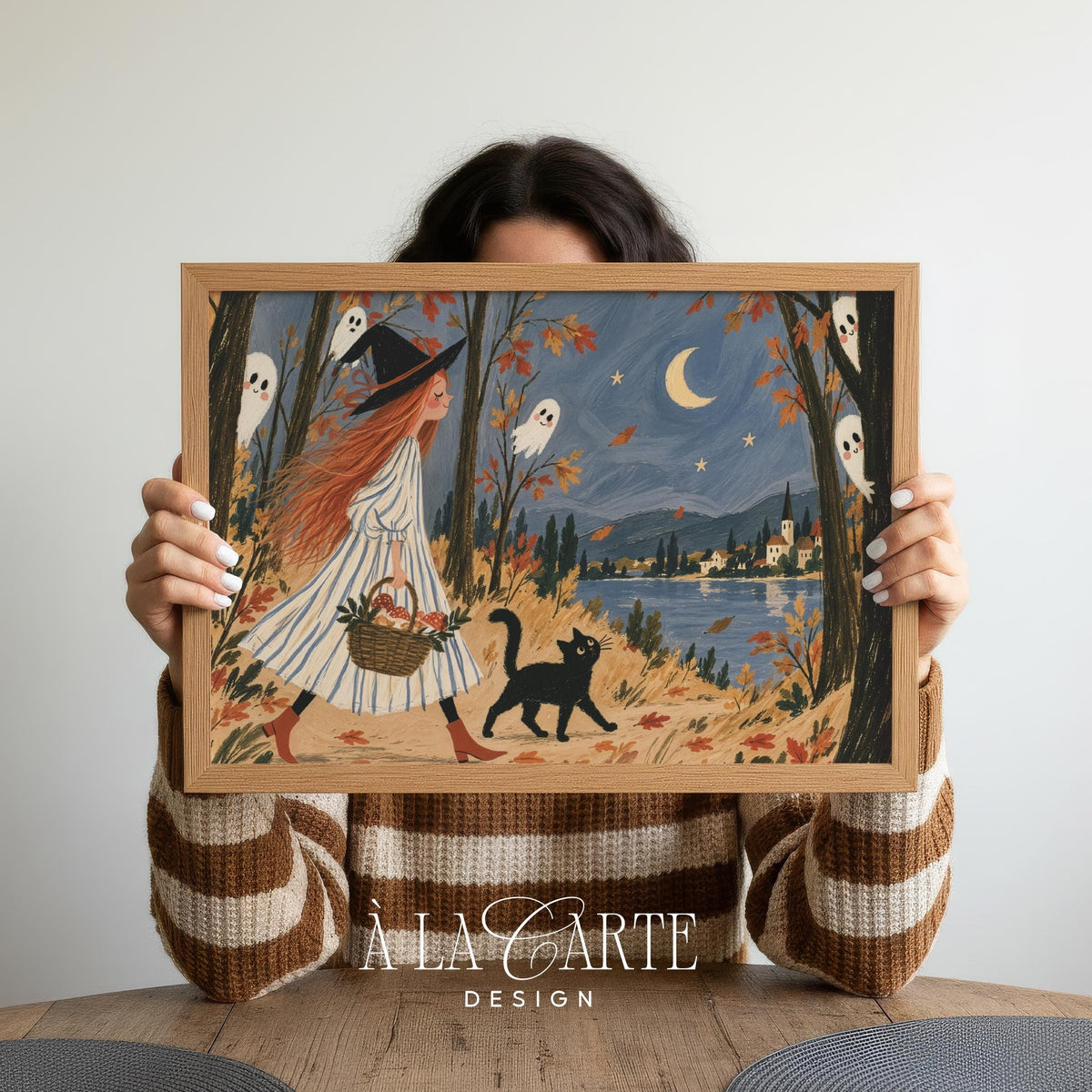 Halloween forest illustration wall art for children's room — playful witch character with black cat and seasonal charm