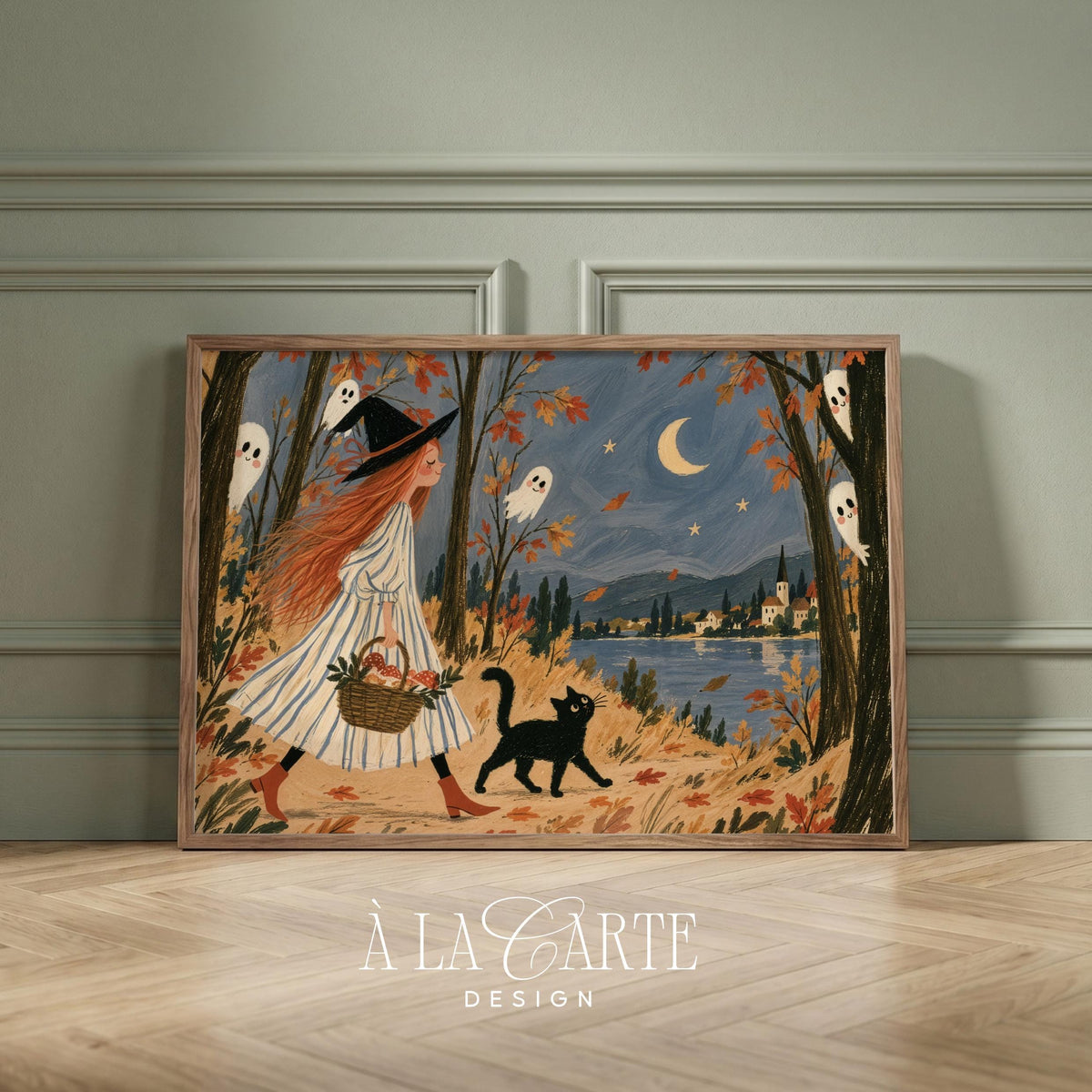 Folk-art inspired witch poster for fall decorating — ghostly figures, moonlit forest, and charming rustic autumn vibes