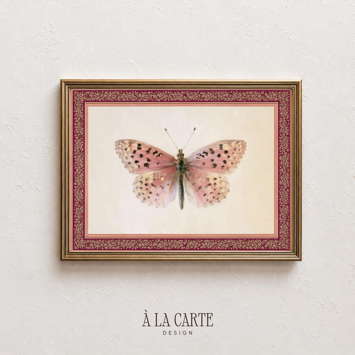 Antique moth picture for living room — grandmillennial art featuring ornamental burgundy frame and naturalist details