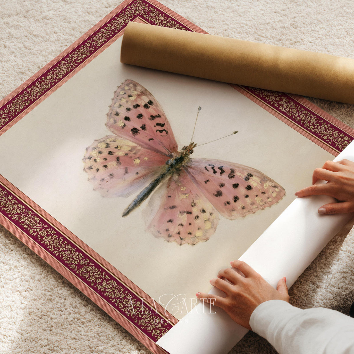 Romantic moth poster instant download — cottagecore botanical study with cream background and decorative framing