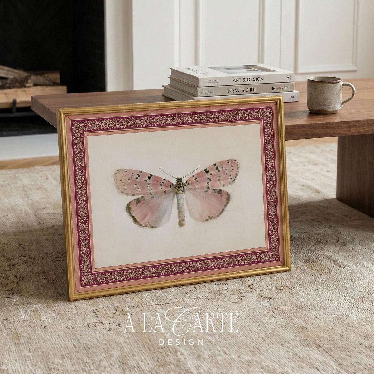 Cottagecore moth poster for living room — romantic vintage botanical print with elegant decorative border and feminine charm