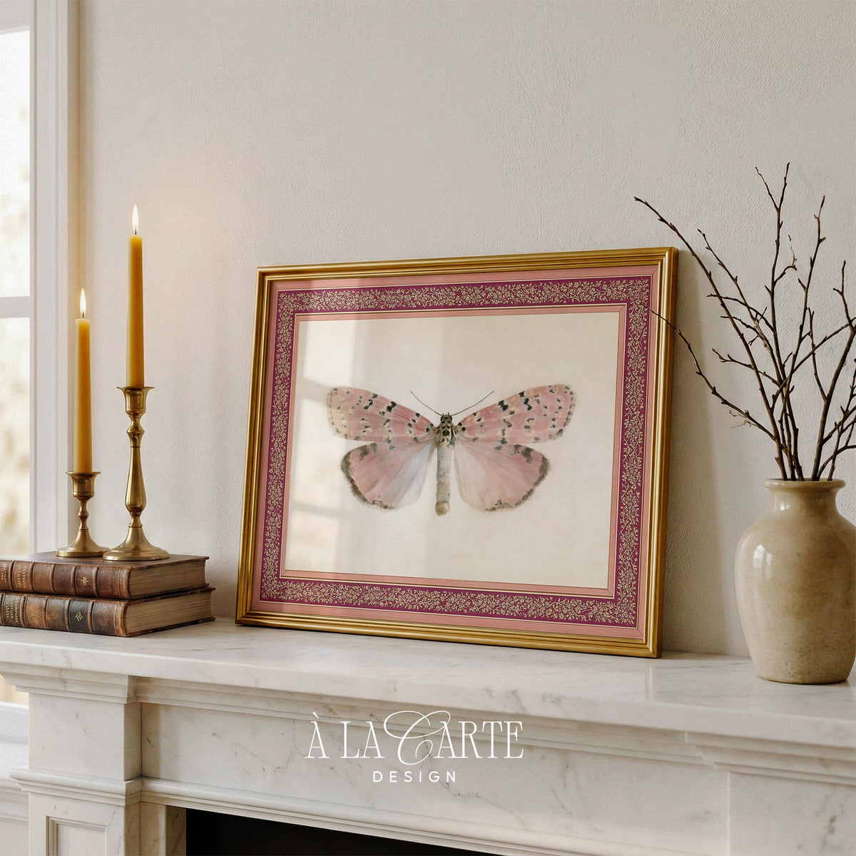 Whimsical winged creature poster for entryway — soft botanical illustration with cream background and ornamental gold-trimmed border