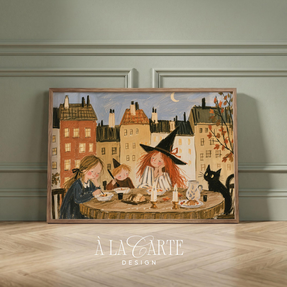 Witch Painting, Cozy Halloween Folk Wall Art, Playroom Print, Witchy Room Cozy Fall Decor, Baby Girl Nursery, Scandinavian Wall Art H305