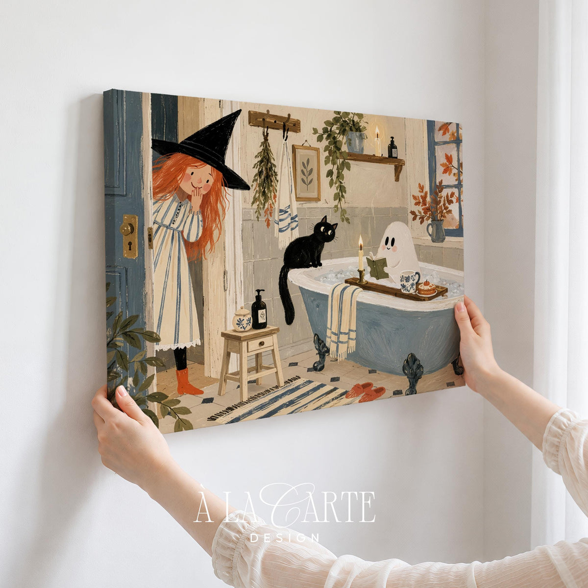 Halloween bathroom scene wall art print for living room — soft detailed illustration featuring witch, ghost, and autumn charm