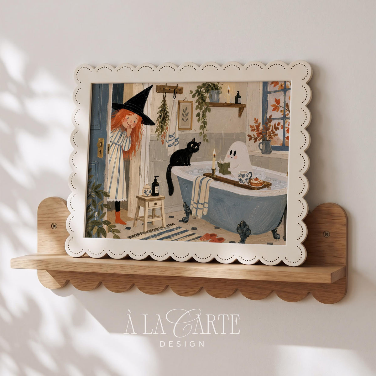 Vintage-style witch peeking at ghost bathing picture art — cozy autumn bathroom illustration with muted color palette