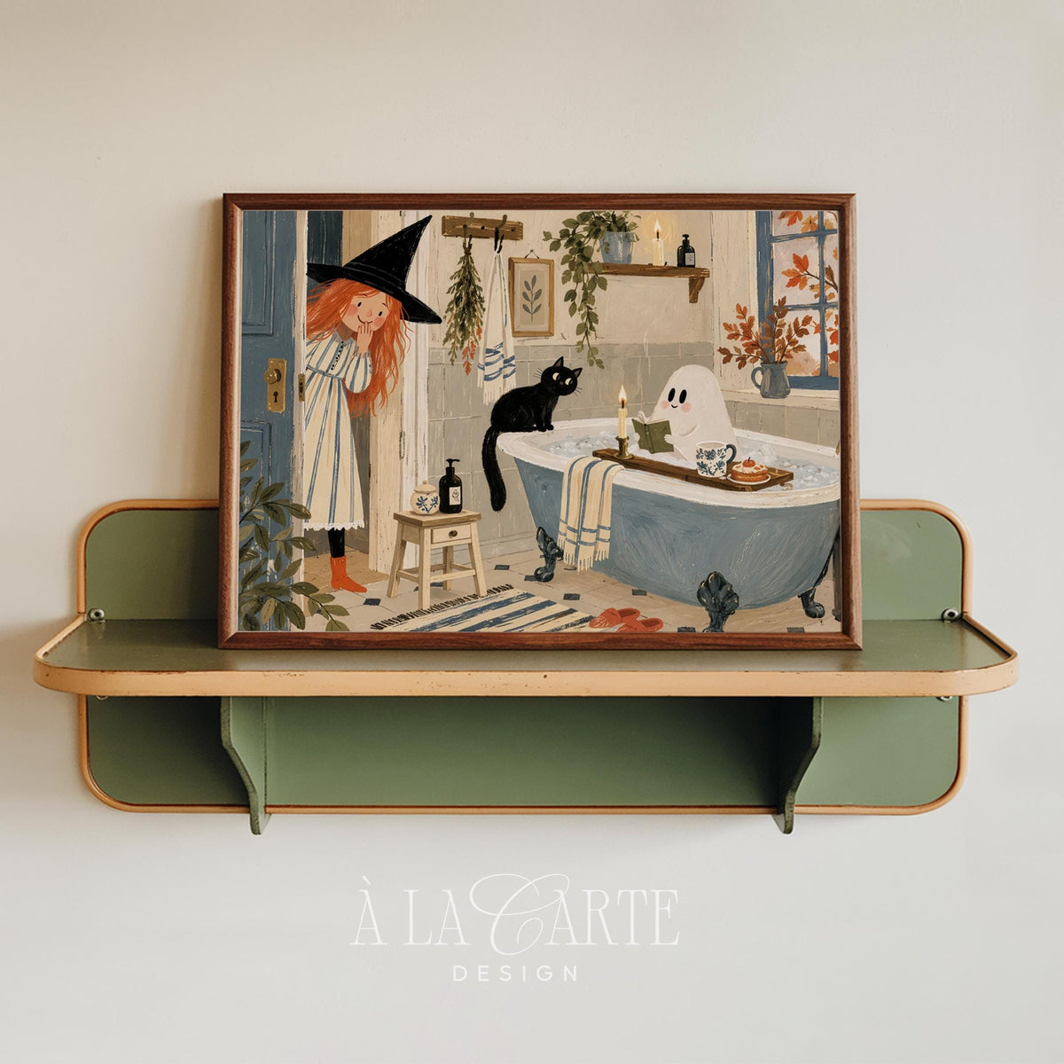 Ghost reading in claw-foot tub printable wall art for bathroom — whimsical autumn illustration with warm vintage aesthetic