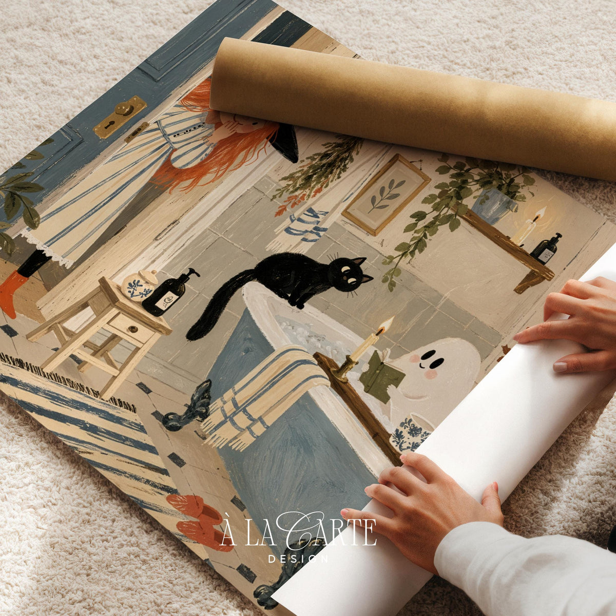 Young witch spying ghost relaxing digital print for Halloween decor — soft painterly illustration with spooky cozy vibes