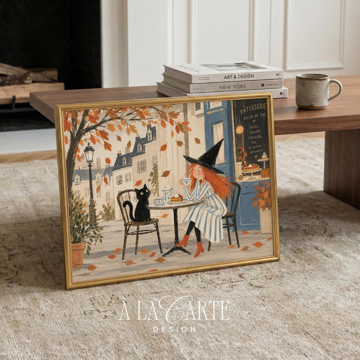 Witch in white dress digital download — gallery wall art featuring black cat at charming café with seasonal warmth