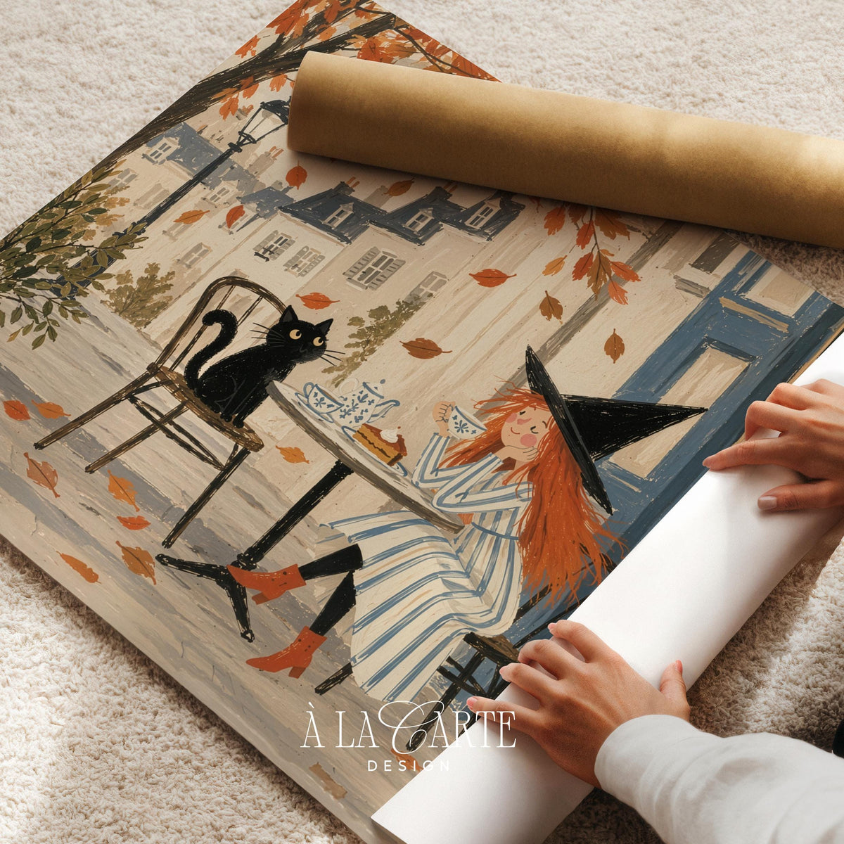 Witch with feline companion café painting — fine detail artwork for home with warm neutral and rustic aesthetic