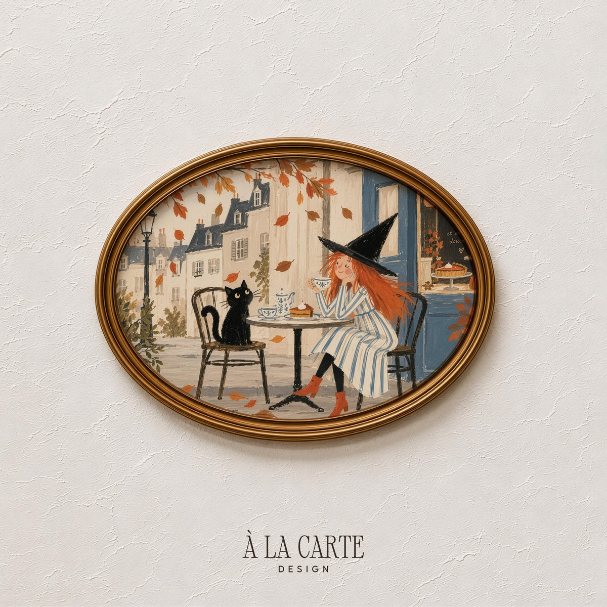 Witch and feline digital print for kitchen — soft painterly art with fall leaves and patisserie charm