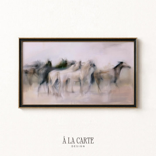 Running horses digital art for Samsung Frame TV — contemporary neutral design for bedroom or living room with dreamy, hazy aesthetic