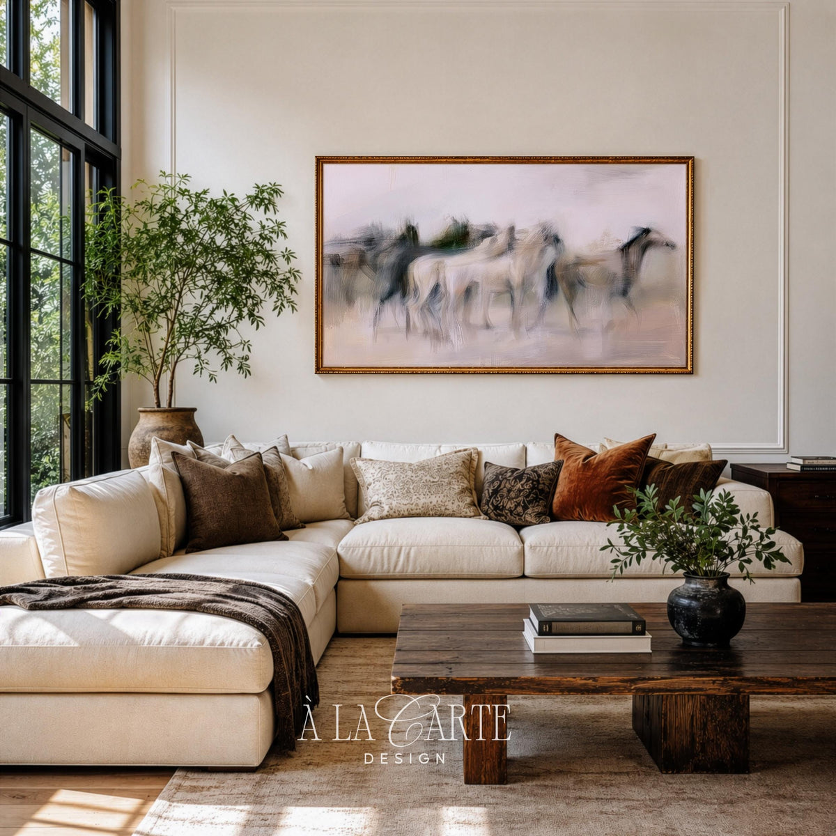 Motion-blur horse herd Samsung Frame TV art — contemporary neutral screensaver with gestural brushwork and soft taupe color scheme