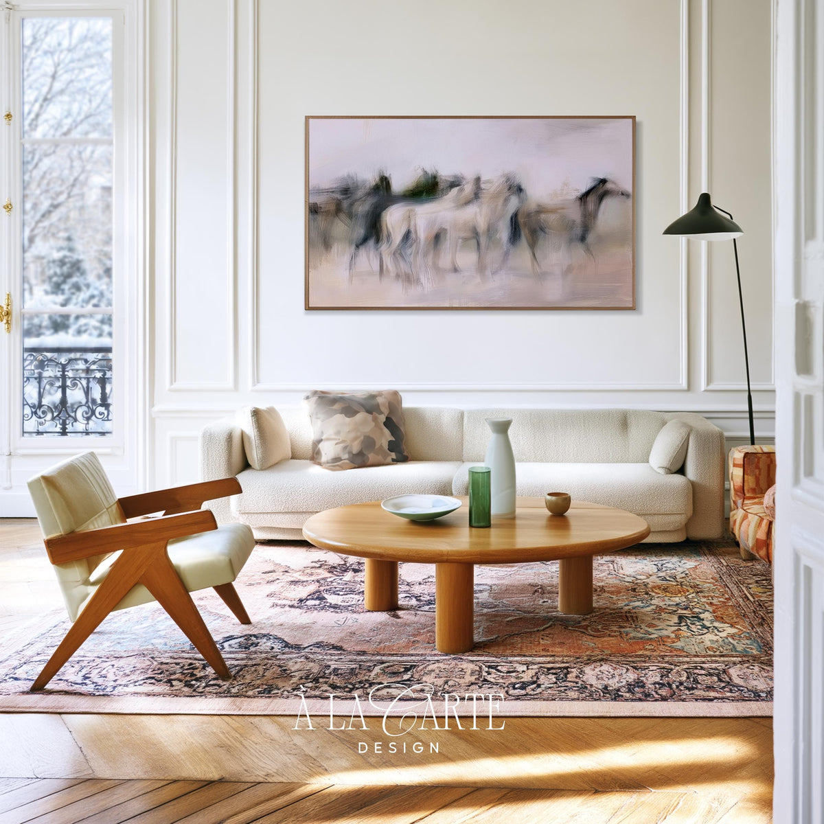 Wild horses TV art for bedroom — abstract gallop scene Frame TV download featuring charcoal accents and cream-colored atmospheric haze