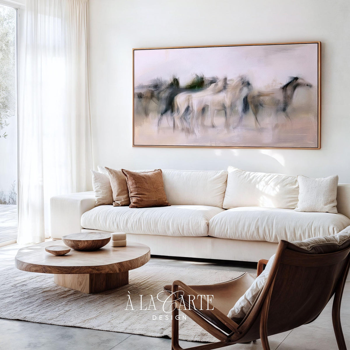 Abstract equestrian Frame TV art — soft-focus horse herd screensaver with painterly brushstrokes and muted cream and taupe palette for modern homes