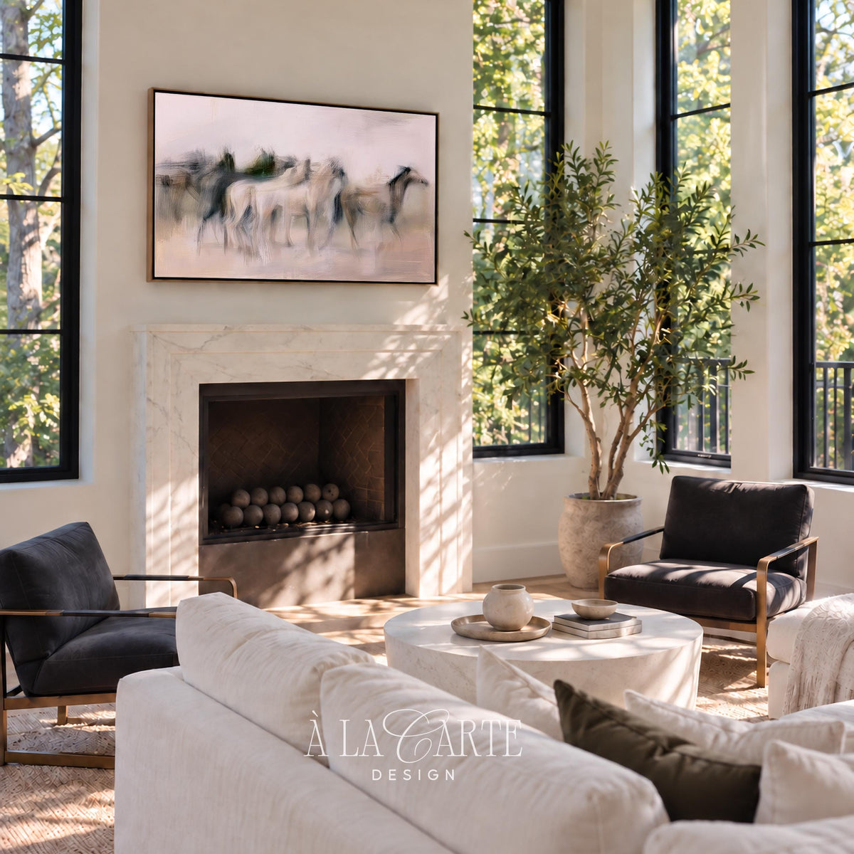 Galloping horses Frame TV art — soft motion blur Samsung art download with muted blush and taupe tones for modern farmhouse aesthetic