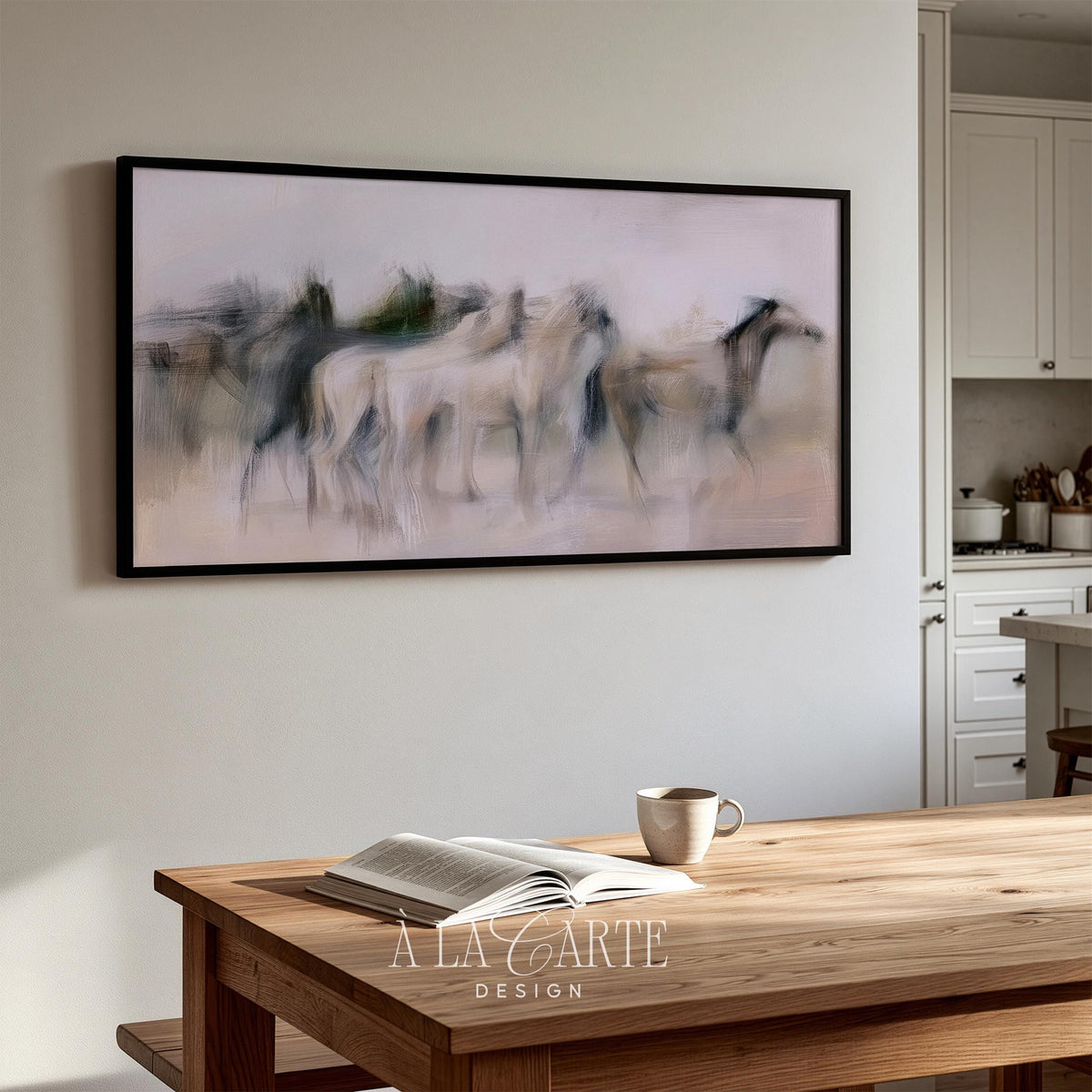 Galloping equines TV art for living room — moody Frame TV download capturing movement with blended background and muted blush tones