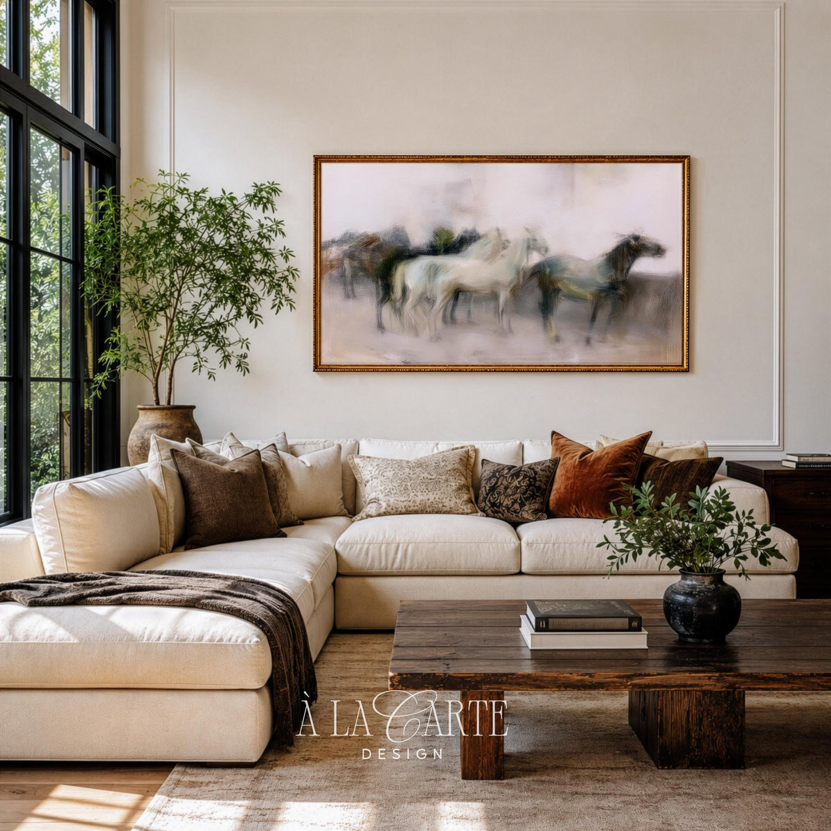 Hazy horse silhouettes digital art for Frame TV — muted earthy tones with subtle motion blur farmhouse aesthetic