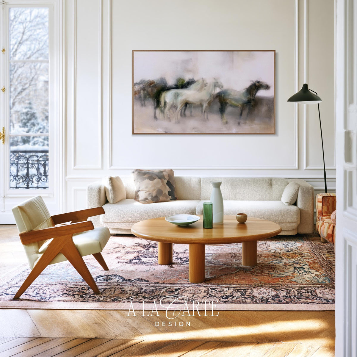 Moving horses Frame TV screensaver for bedroom — painterly TV art featuring moody charcoal and blush palette