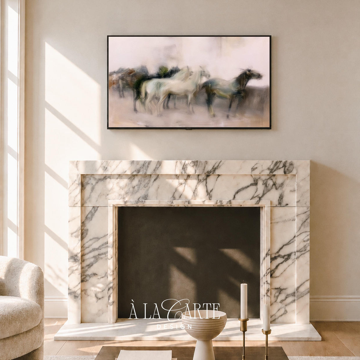 Pastoral horse Frame TV art — sophisticated equestrian digital download with dreamy atmospheric backdrop