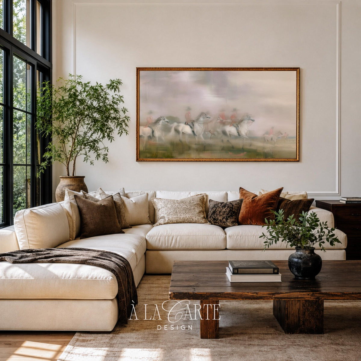 Distant galloping horses in misty terrain Samsung Frame TV download — artistic TV art featuring soft hazy aesthetic and earthy neutral tones