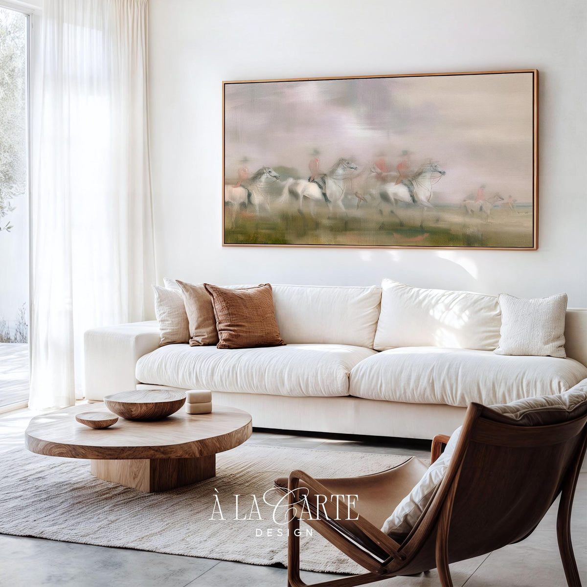 Racing horses across misty fields Frame TV download — TV screensaver art with hazy pastoral landscape and weathered vintage appeal