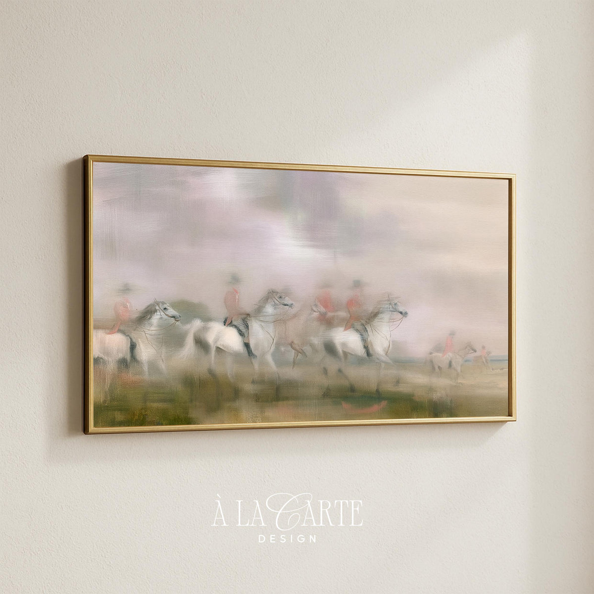 Mounted horsemen galloping through rolling landscape digital art for TV — Frame TV art showcasing atmospheric blur and antique equestrian mood