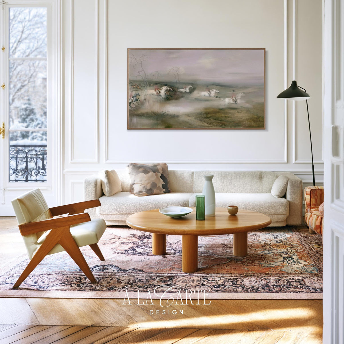 Horse riders in motion Samsung Frame TV art for bedroom — antique countryside scene with dreamy hazy brushwork