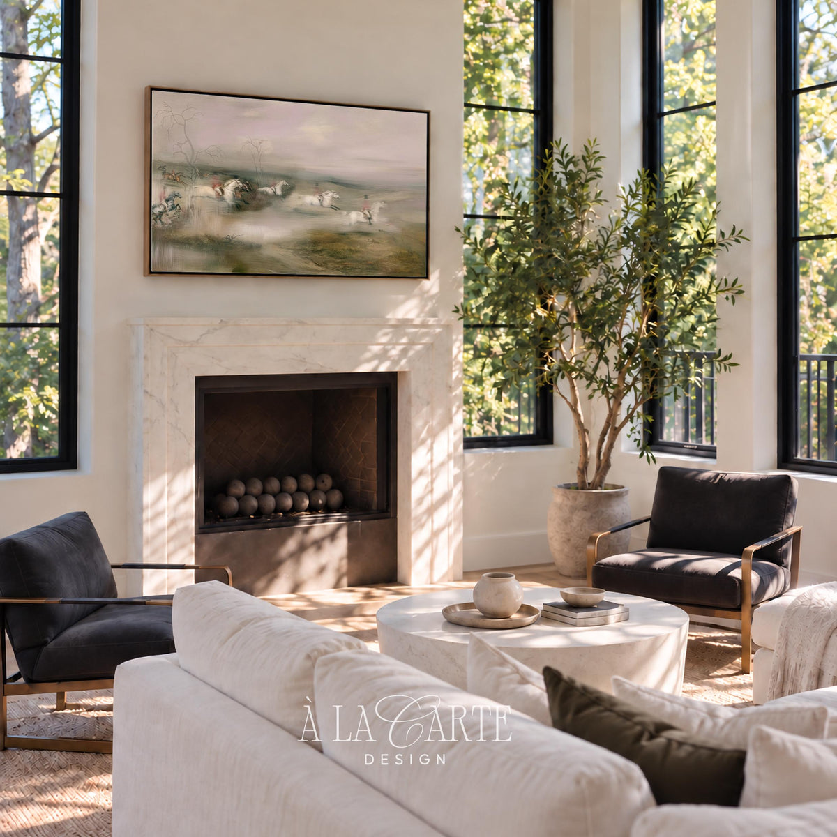 Noble horseback riders Samsung Frame TV download — rustic farmhouse elegance with misty horizon and muted earth colors