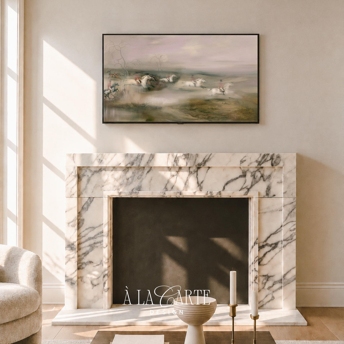 Mounted riders crossing open field TV art for living room — vintage equestrian painting with soft atmospheric lighting