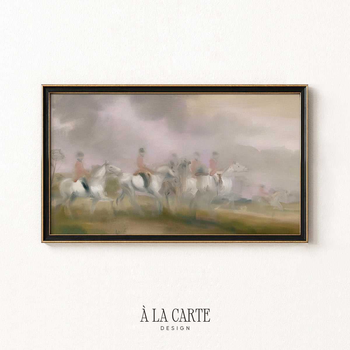 Classical hunting scene digital TV art for hallway — aged painterly style with soft clouds and elegant riders