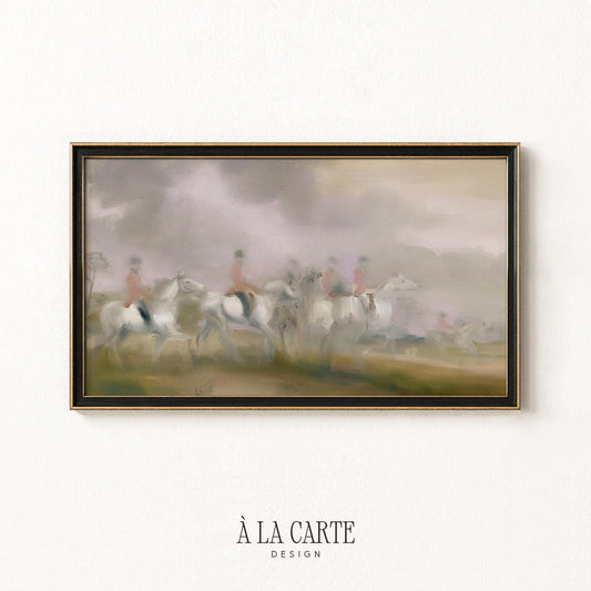 Classical hunting scene digital TV art for hallway — aged painterly style with soft clouds and elegant riders