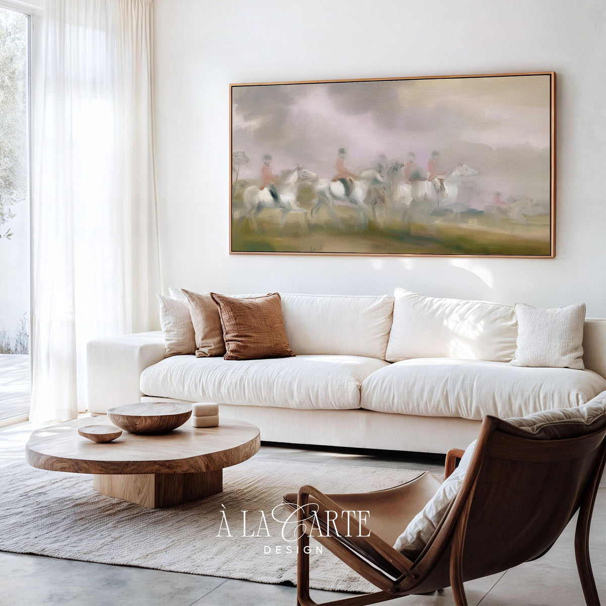 Traditional mounted hunters TV art download — soft antiqued painting with pale steeds and moody countryside elegance