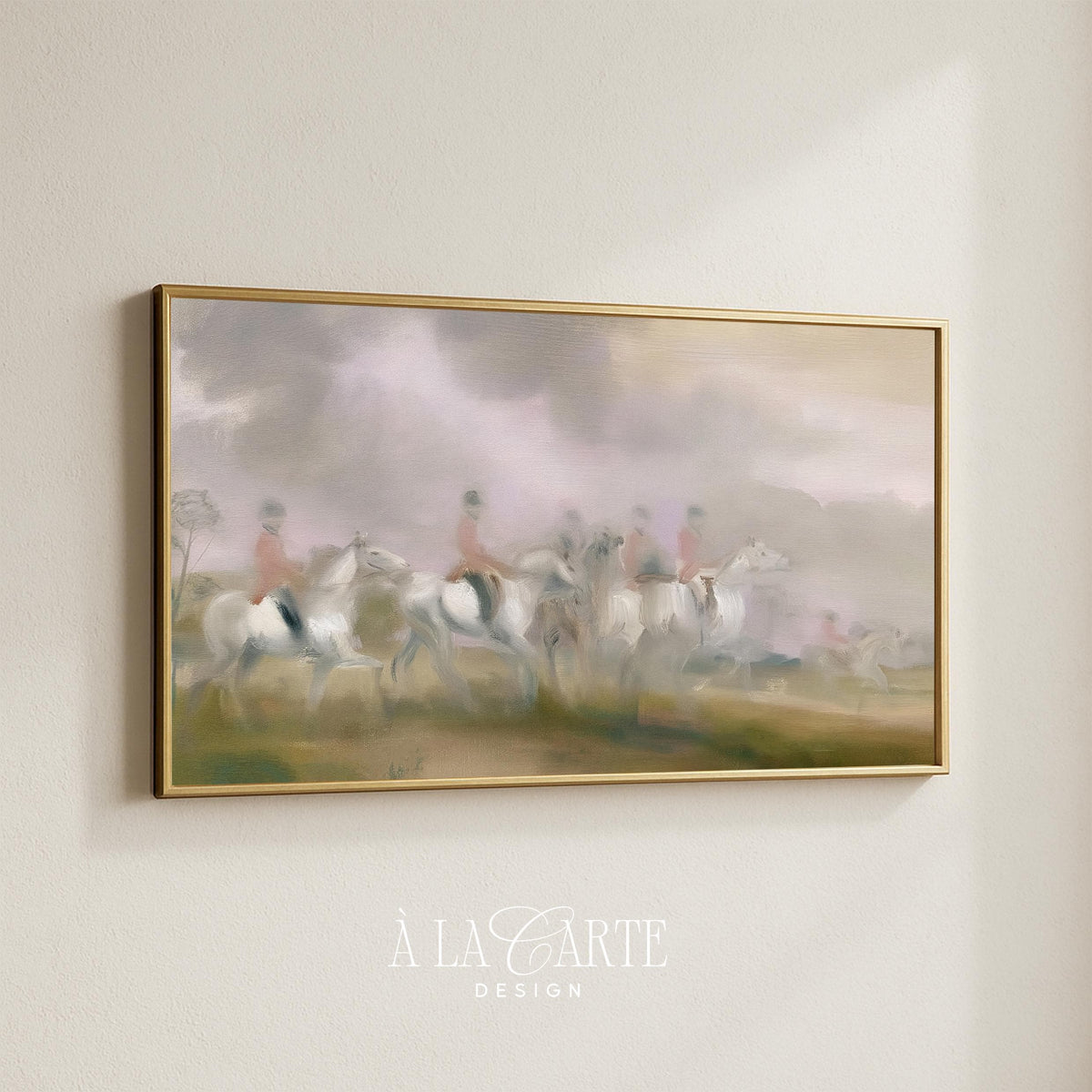 Aristocratic hunting party TV screensaver — atmospheric equestrian painting with hazy sky and antique charm