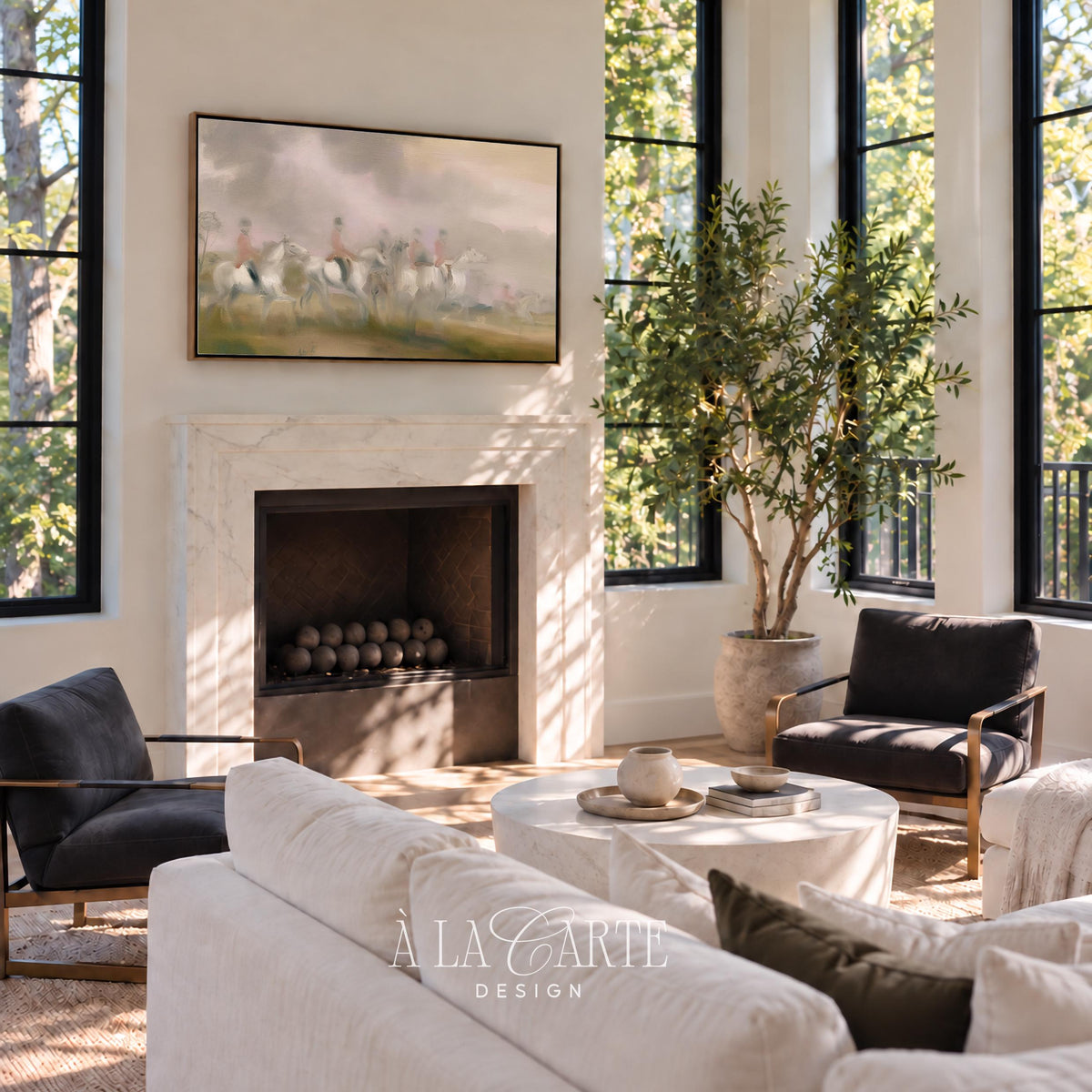 Elegant horse riders art for TV — vintage pastoral scene featuring soft green landscape and dreamy brushstrokes