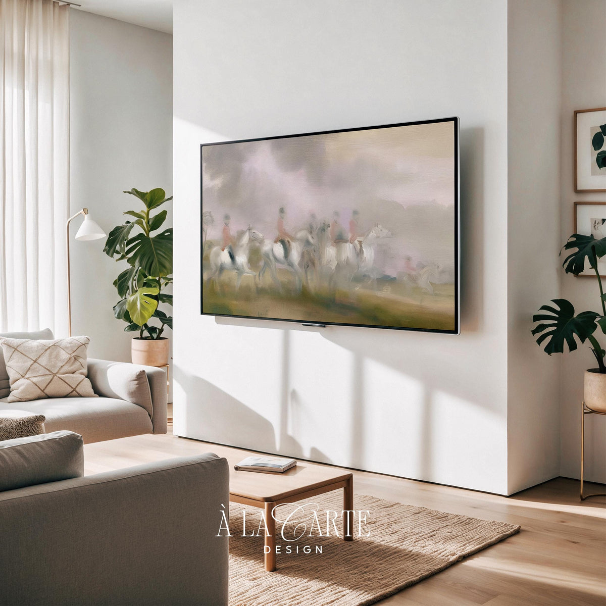 Vintage equestrian hunt Samsung Frame TV screensaver — muted color palette with nostalgic countryside atmosphere