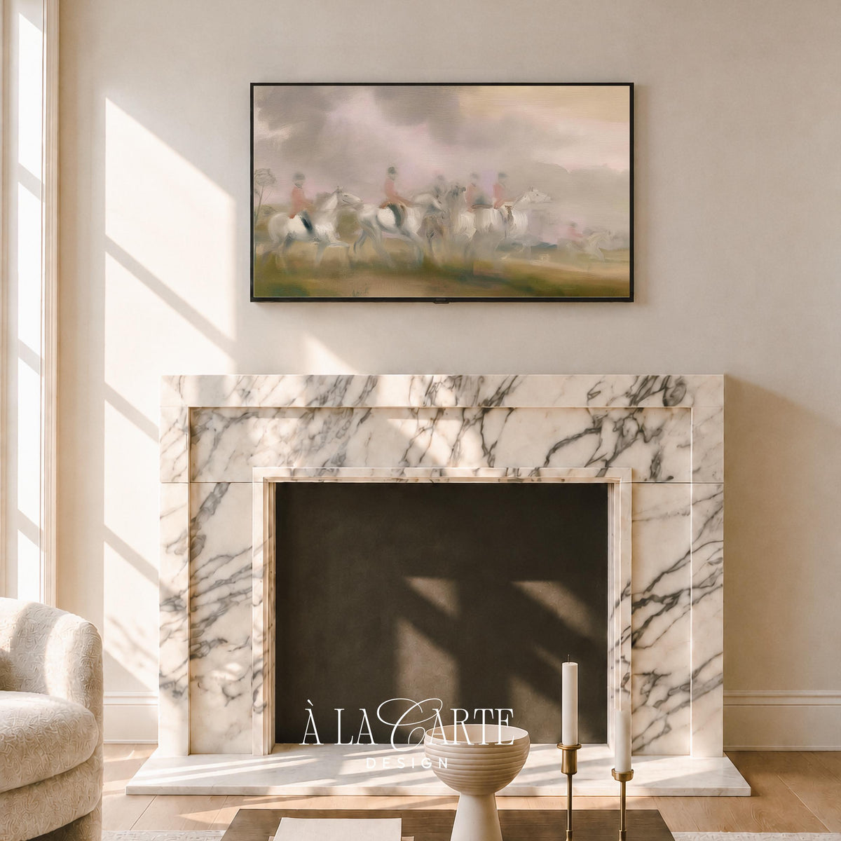Vintage horseback riders Samsung Frame TV art for bedroom — soft brushwork with misty field and taupe tones