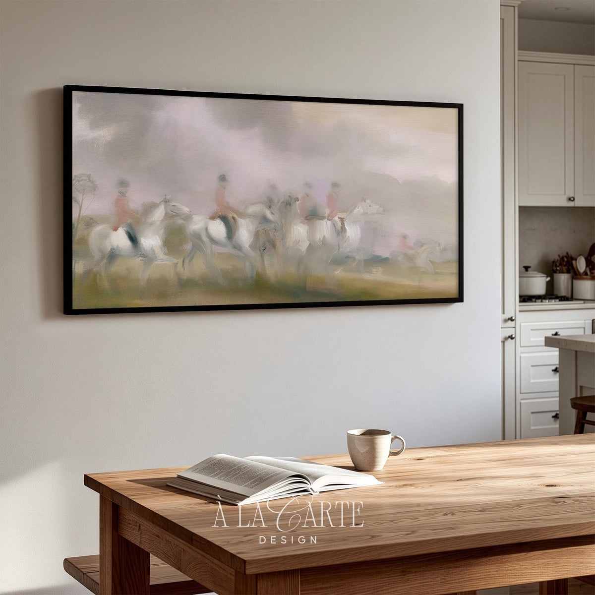 Traditional red-coated riders Frame TV download for study — classical countryside mood with blurred distant figures