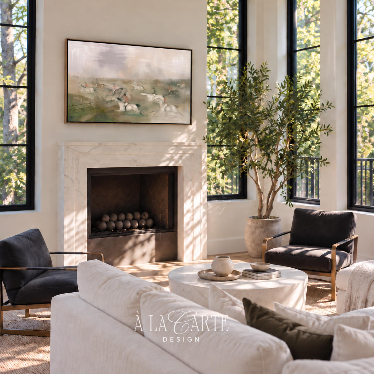 Countryside chase digital art for Frame TV — moody equestrian painting with hazy horizon and timeworn vintage feel